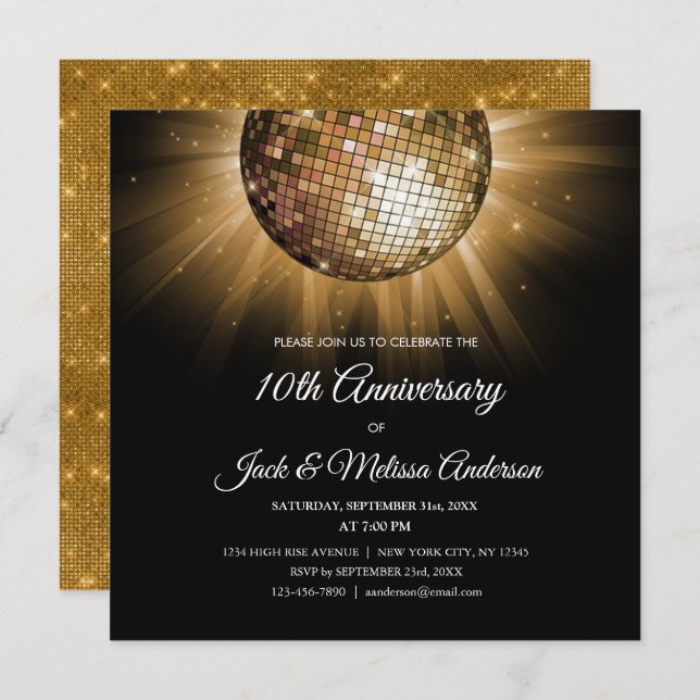 Invitation Fête du 10e Anniversaire de Mariage Boule Disco Or (Devant / Derrière)