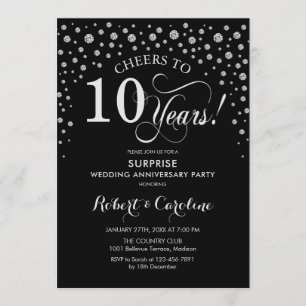 Invitation Fête du 10e anniversaire de surprise - Argent noir