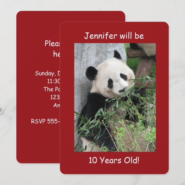 Invitation Fête du 10e anniversaire, Nom, Panda géant mignon, (Devant / Derrière)