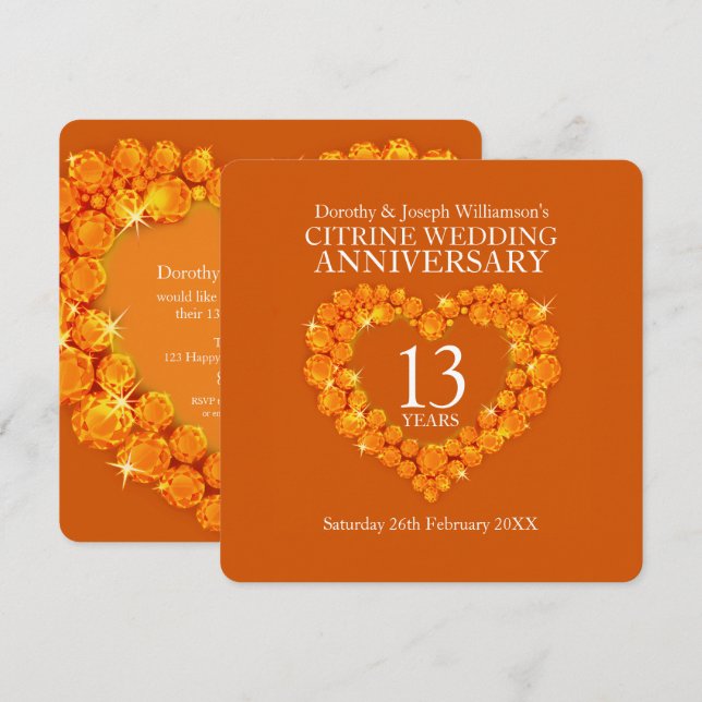 Invitation fête du 13e anniversaire de mariage citrine orange (Devant / Derrière)