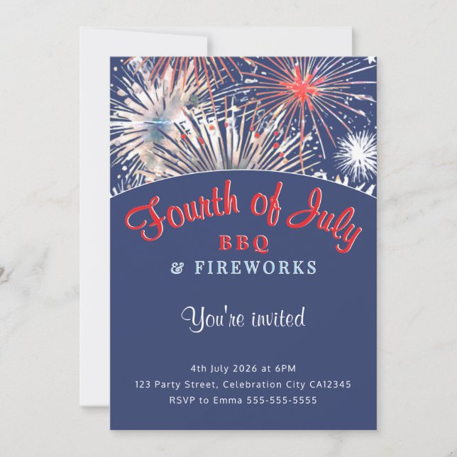 Invitation Fête du 14 juillet Feu d'artifice BBQ Rouge Blanc  (Devant)