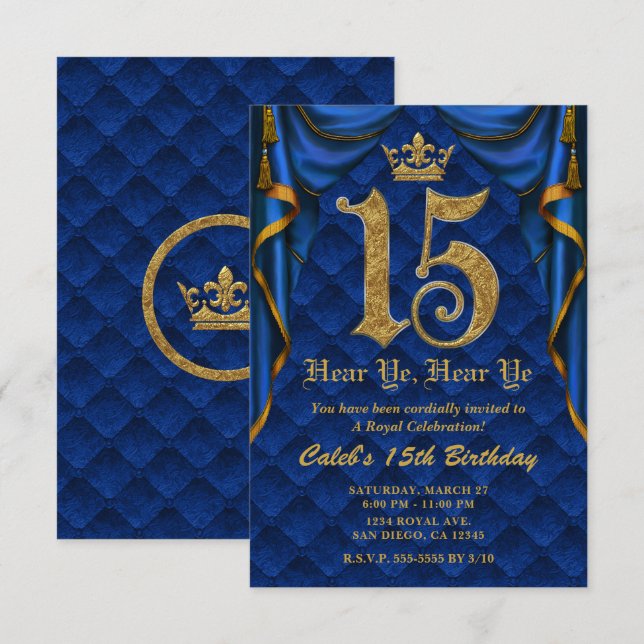 Invitation Fête du 15e anniversaire 15 ans Couronne royale bl (Devant / Derrière)