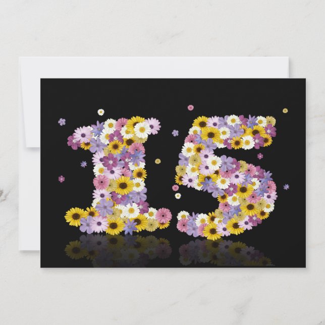 Invitation Fête du 15e anniversaire, avec des lettres fleurie (Devant)