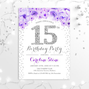Invitation Fête du 15e anniversaire - Blanc Argent violet
