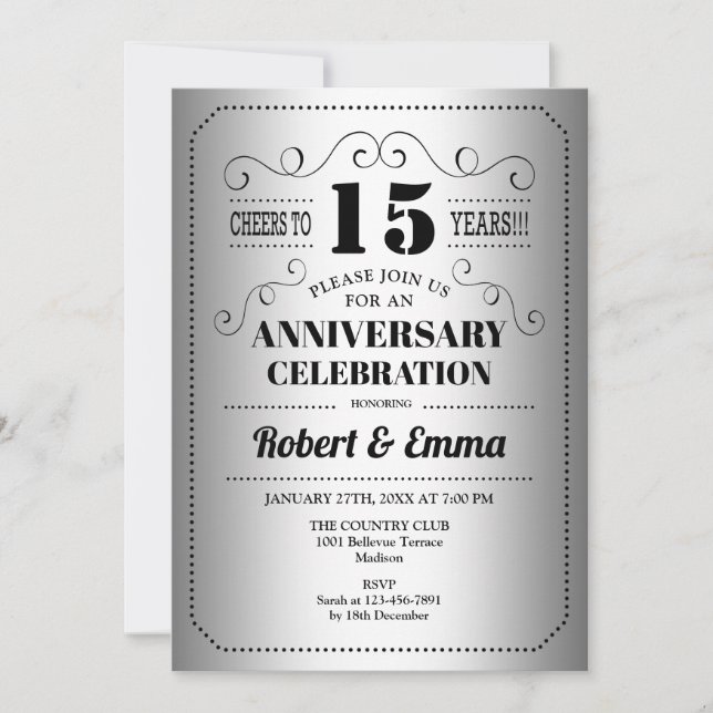 Invitation Fête du 15e anniversaire de mariage - Argent Noir (Devant)