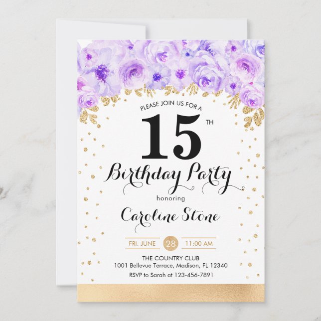 Invitation Fête du 15e anniversaire - Gold Purple Flowers (Devant)