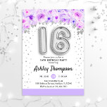 Invitation Fête du 16e anniversaire - Ballons d'argent violet<br><div class="desc">16e anniversaire de fête d'invitation. Design élégant en argent faux parties scintillant avec accent floral. Carte Invitation avec le numéro d'argent 16 ballons,  police de script avec confetti. Pastel violet,  lavande et blanc. Parfait pour une célébration anniversaire de style seizième. Message-moi si vous avez besoin d'âge personnalisé.</div>