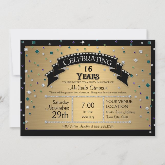 Invitation Fête du 16e anniversaire Fête Faux Jewel Confetti (Devant)