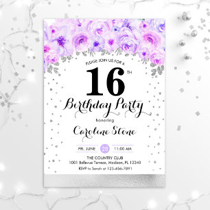 Invitation Fête du 16e anniversaire - Fleurs violettes argent