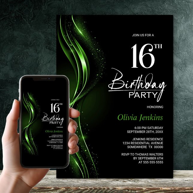 Invitation Fête du 16e anniversaire, noir et vert élégant (Créateur téléchargé)