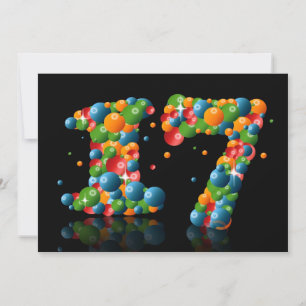 Invitation Fête du 17ème anniversaire, avec bulles et balles