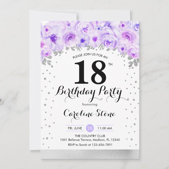 Invitation Fête du 18e anniversaire - Fleurs violettes argent (Devant)