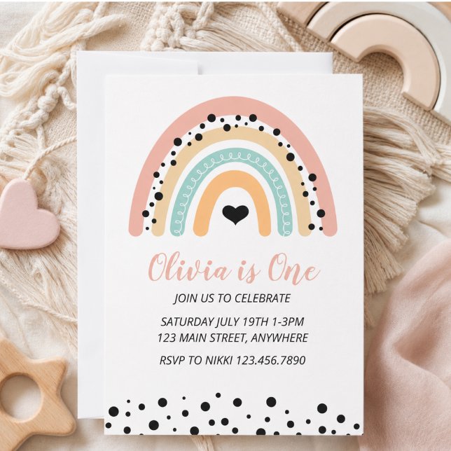 Invitation Fête du 1er anniversaire Arc-en-ciel & Cœurs (Rainbow & Hearts 1st Birthday Party Invitation)