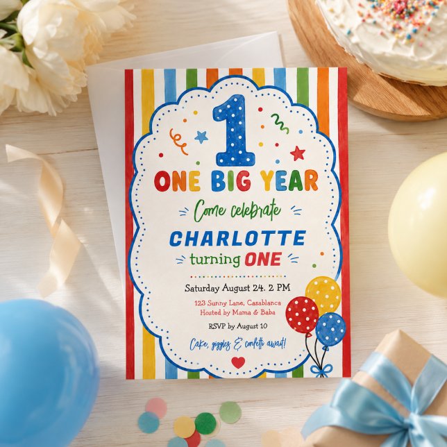 Invitation Fête du 1er anniversaire Bold Rainbow One Big Year (Bold Rainbow One Big Year 1st Birthday party Invitation
)