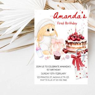 Invitation Fête du 1er anniversaire de Baby Bunny & Cake Girl