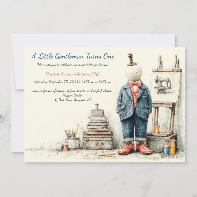 Invitation Fête du 1er anniversaire de Bébé Denim & Esquisse  (Devant)