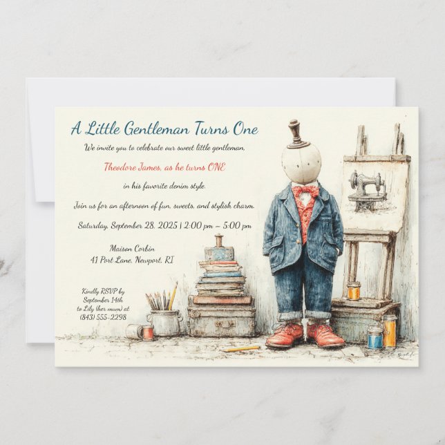 Invitation Fête du 1er anniversaire de Bébé Denim & Esquisse  (Devant)