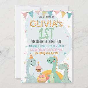 Invitation Fête du 1er anniversaire de bébé dinosaure pastel