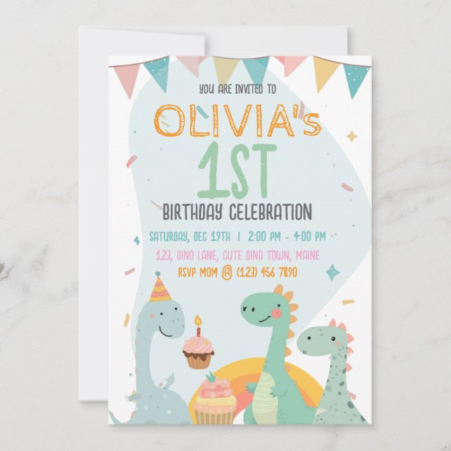Invitation Fête du 1er anniversaire de bébé dinosaure pastel  (Devant)