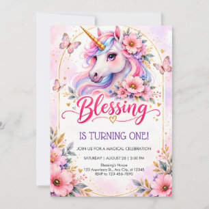 Invitation Fête du 1er anniversaire de la fille licorne magiq