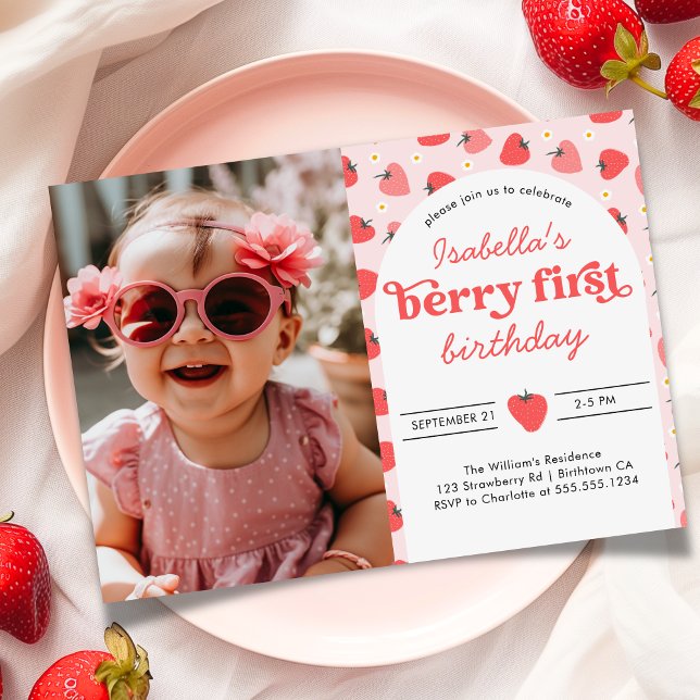Invitation Fête du 1er anniversaire de la fraise Berry First  (Beery First Photo Birthday Invite)