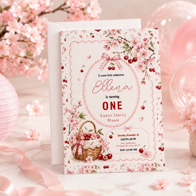 Invitation Fête du 1er anniversaire de la petite fille Fleur  (Sweet Cherry Blossom 1st Birthday girl Party Invitation
)