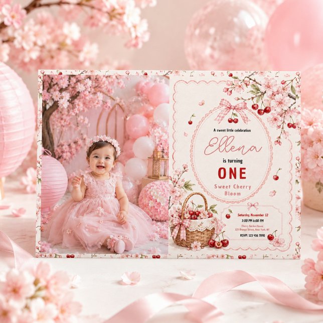 Invitation Fête du 1er anniversaire de la petite fille Fleur  (Sweet Cherry Blossom 1st Birthday girl Party Invitation
)