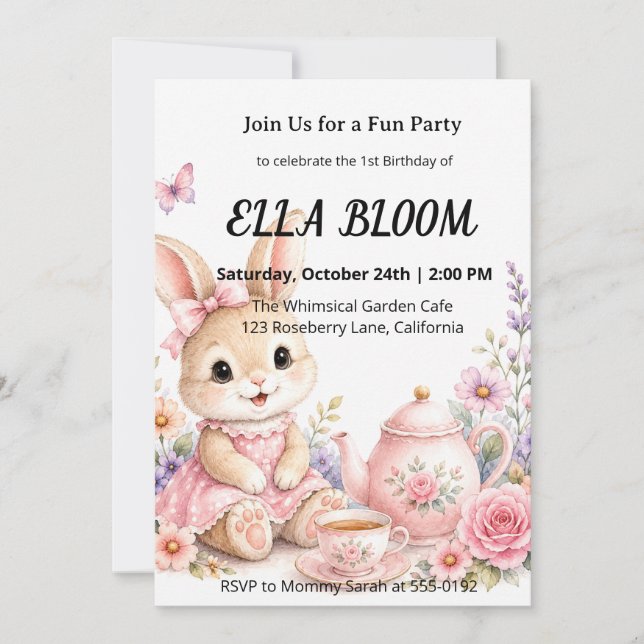Invitation Fête du 1er anniversaire de lapin mignon (Devant)