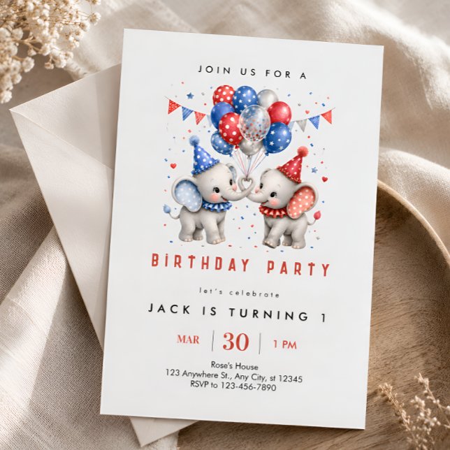 Invitation Fête du 1er anniversaire de l'éléphant rouge bleu (Créateur téléchargé)