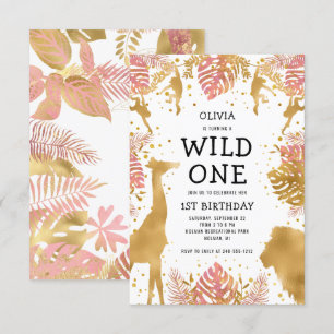 Invitation Fête du 1er anniversaire des filles Rose Or Safari