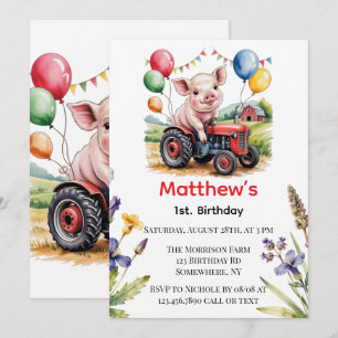 Invitation Fête du 1er anniversaire d'un adorable cochon de f