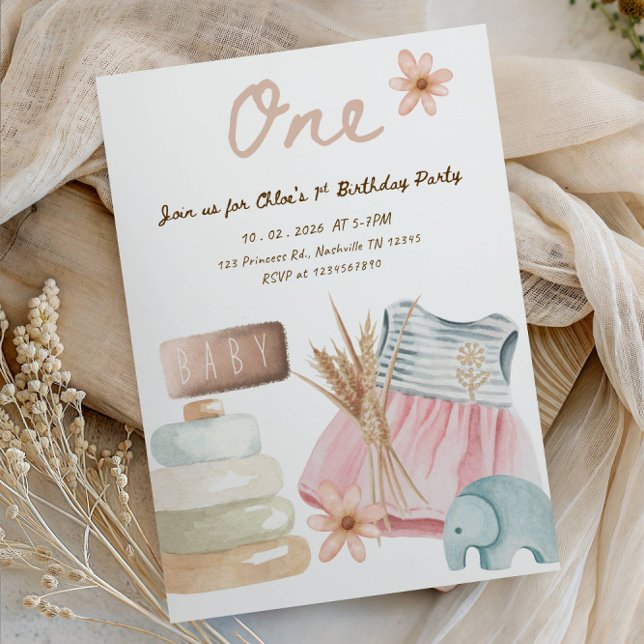 Invitation Fête du 1er anniversaire d'une fille - Thème de vê (Créateur téléchargé)