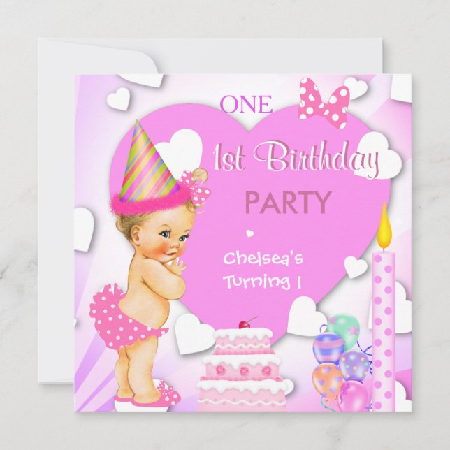 Invitation Fête du 1er anniversaire Fille blonde bébé rose (Devant)