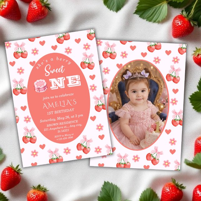 Invitation Fête du 1er anniversaire Fleurs de fraise et de ce (Créateur téléchargé)