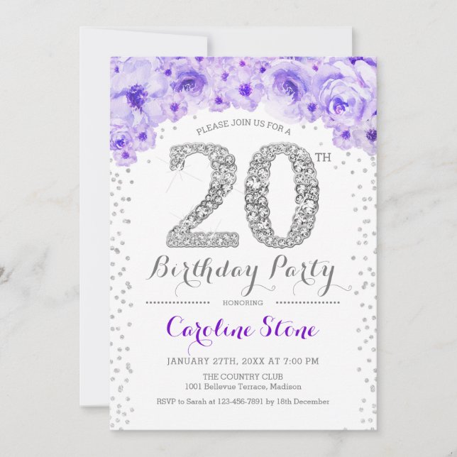Invitation Fête du 20e anniversaire - Blanc Argent violet (Devant)