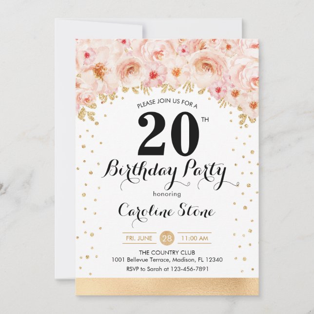 Invitation Fête du 20e anniversaire - Fleurs d'or (Devant)