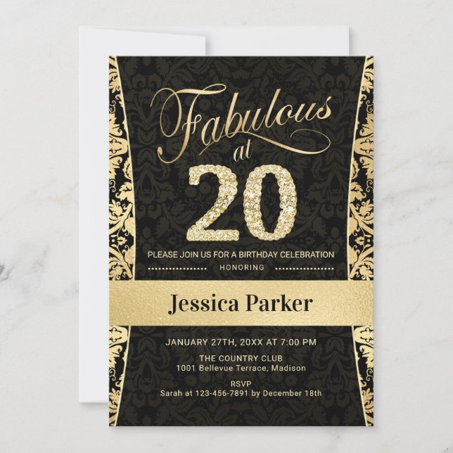 Invitation Fête du 20e anniversaire - Gold Black (Devant)