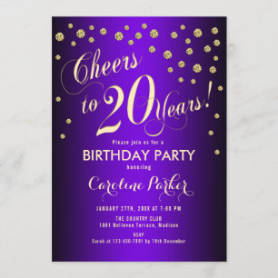 Invitation Fête du 20e anniversaire - Gold Purple