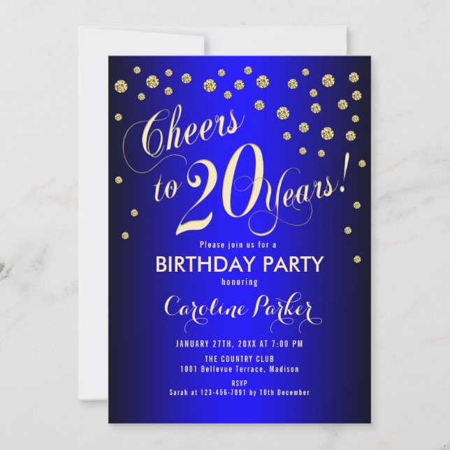 Invitation Fête du 20e anniversaire - Gold Royal Blue (Devant)