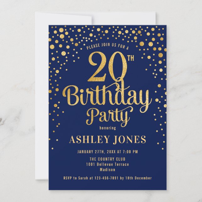 Invitation Fête du 20e anniversaire - Marine & Gold (Devant)