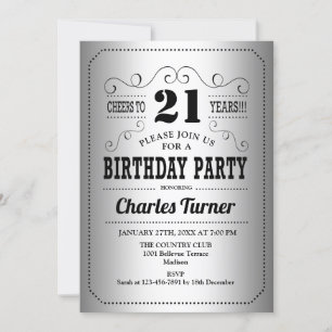 Invitation Fête du 21e anniversaire - Argent Retro Noir