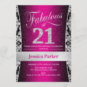 Invitation Fête du 21e anniversaire - Argent rose noir