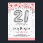 Invitation Fête du 21e anniversaire - Ballons d'argent<br><div class="desc">21e anniversaire invitation de fête. Design élégant en argent faux parties scintillant avec accent floral. Carte Invitation avec le numéro d'argent 21 ballons,  police de script avec confetti. Corail blanc rose,  blanc. Parfait pour une célébration anniversaire élégante. Message-moi si vous avez besoin d'âge personnalisé.</div>