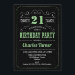 Invitation Fête du 21e anniversaire - Black Green<br><div class="desc">Invitation de fête du 21e anniversaire. Design élégant noir,  vert,  blanc rétro avec motif de tableau noir et police de script. Salut à 21 ans ! Message-moi si vous avez besoin d'une personnalisation plus poussée.</div>