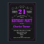 Invitation Fête du 21e anniversaire - Black Purple<br><div class="desc">Invitation de fête du 21e anniversaire. Design élégant noir,  violet,  blanc rétro avec motif de tableau noir et police de script. Salut à 21 ans ! Message-moi si vous avez besoin d'une personnalisation plus poussée.</div>