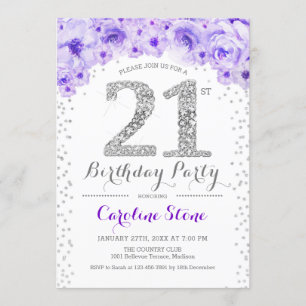 Invitation Fête du 21e anniversaire - Blanc Argent violet
