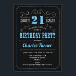 Invitation Fête du 21e anniversaire - Bleu noir<br><div class="desc">Invitation de fête du 21e anniversaire. Design élégant noir,  bleu,  blanc rétro avec motif de tableau noir et police de script. Salut à 21 ans ! Message-moi si vous avez besoin d'une personnalisation plus poussée.</div>