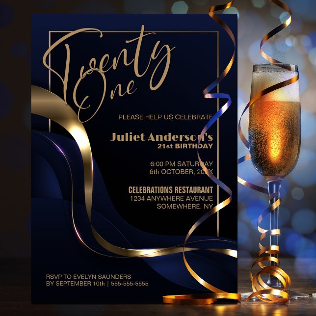 Invitation Fête du 21e anniversaire de l'or bleu moderne (Créateur téléchargé)