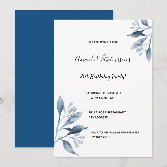 Invitation fête du 21e anniversaire fleurs blanches bleues bo (Devant / Derrière)