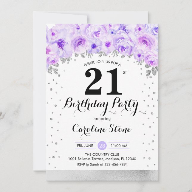 Invitation Fête du 21e anniversaire - Fleurs violettes argent (Devant)